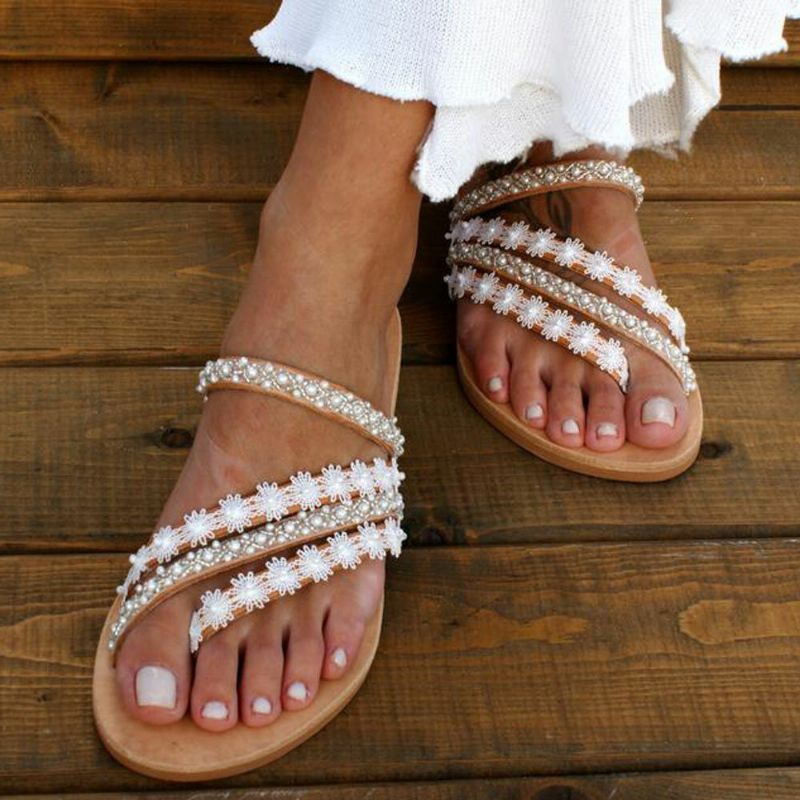 Frauen-böhmen-perlen-slip Auf Lässigen Strand-sommer-flachen Sandalen