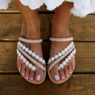 Frauen-böhmen-perlen-slip Auf Lässigen Strand-sommer-flachen Sandalen