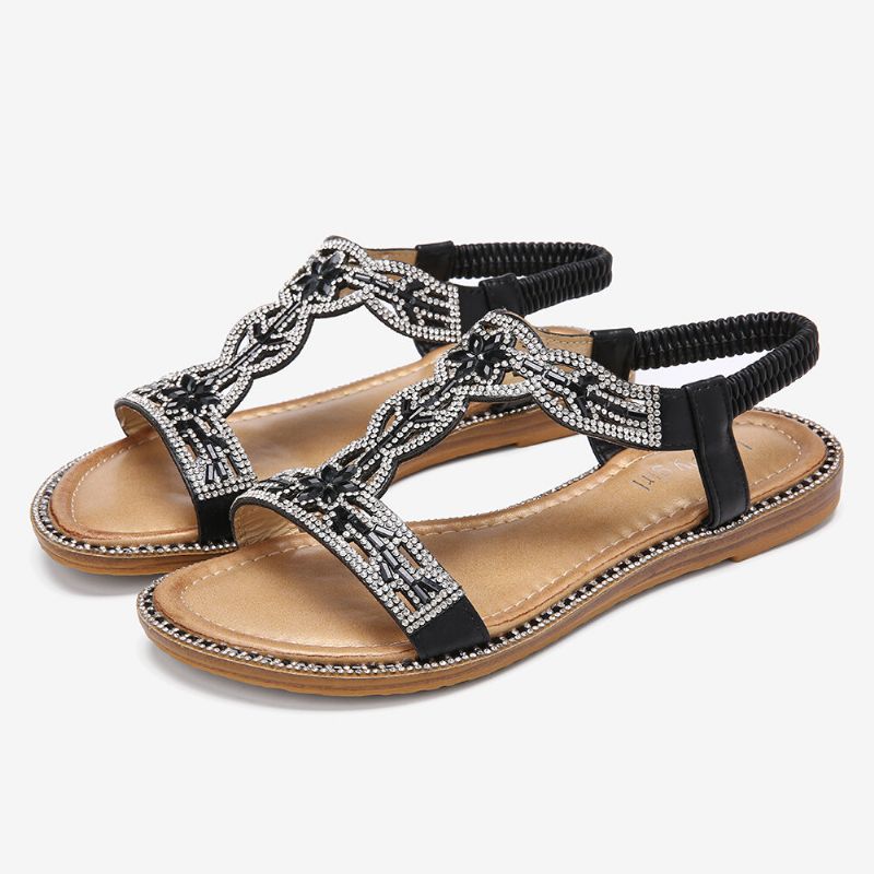 Frauen Böhmen Strass Hohle Elastische Slip On Casual Sandalen