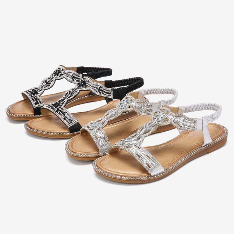 Frauen Böhmen Strass Hohle Elastische Slip On Casual Sandalen