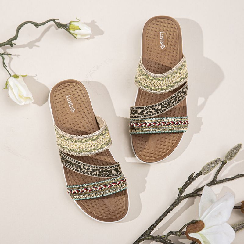 Frauen Bohemia Open Toe Soft Sole Lässige Sommer Strand Slides Flache Sandalen