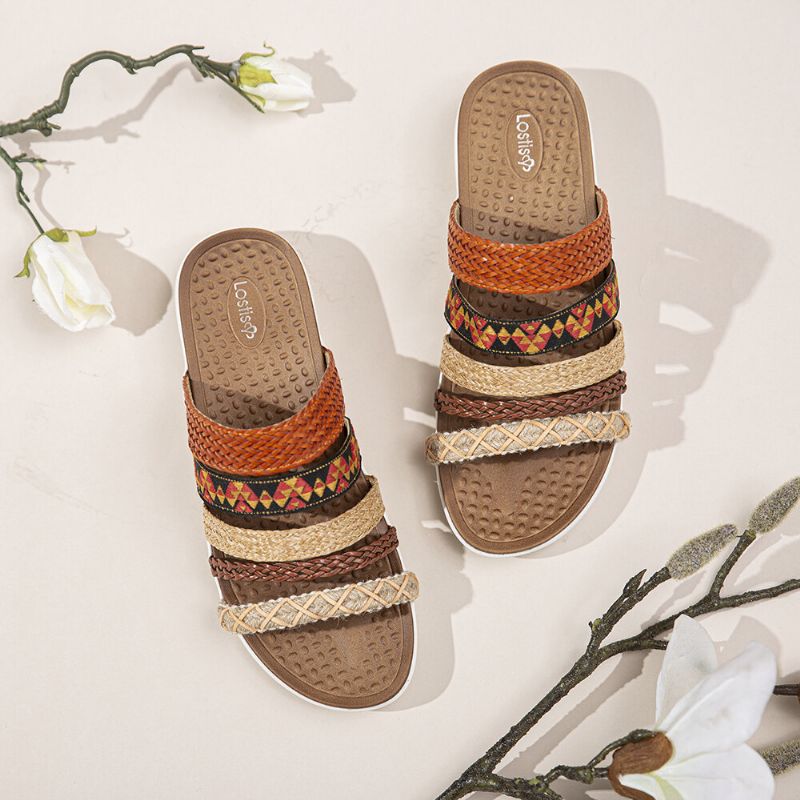 Frauen Bohemia Woven Open Toe Soft Sole Casual Slides Flache Sandalen