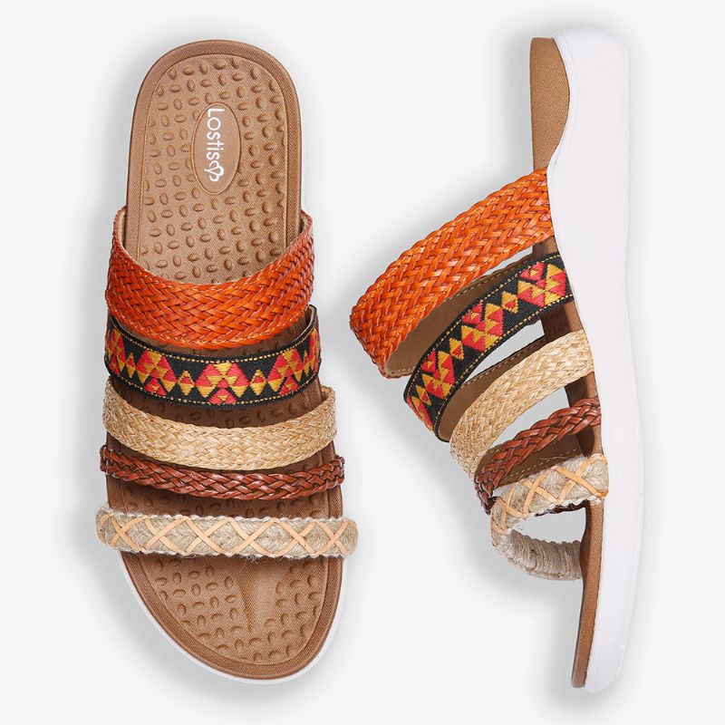 Frauen Bohemia Woven Open Toe Soft Sole Casual Slides Flache Sandalen