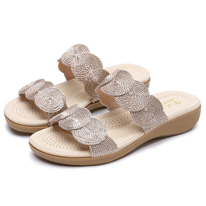 Frauen Bohemian Double Band Woven Beach Casual Wedges Sandalen