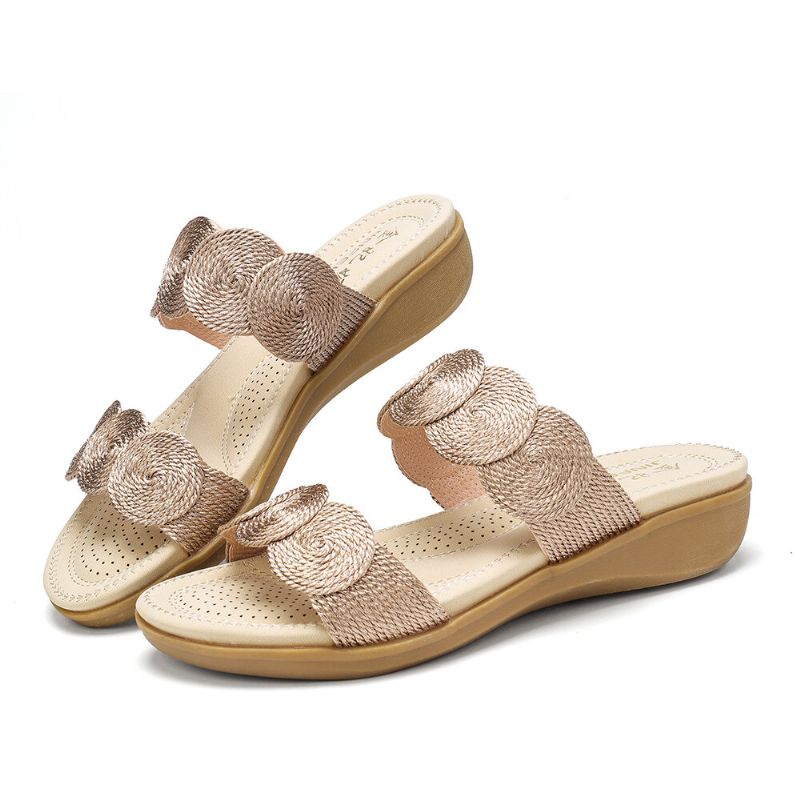 Frauen Bohemian Double Band Woven Beach Casual Wedges Sandalen