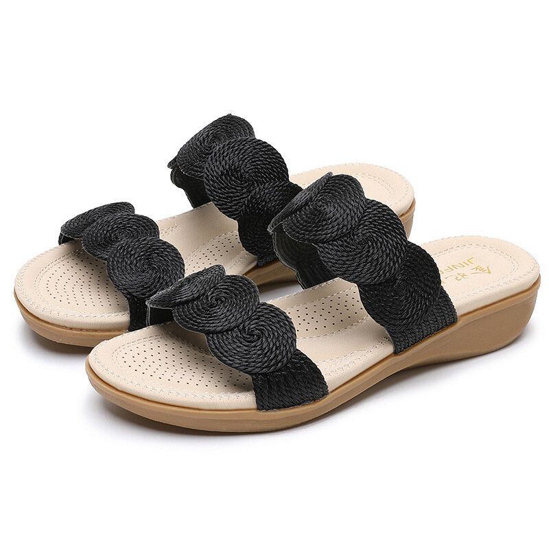 Frauen Bohemian Double Band Woven Beach Casual Wedges Sandalen