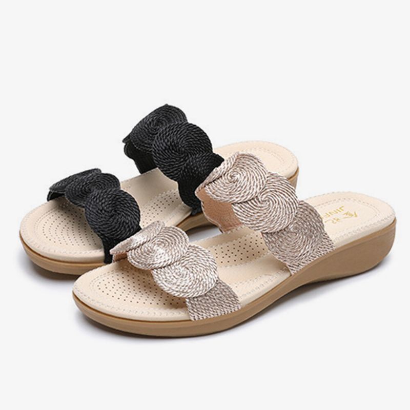 Frauen Bohemian Double Band Woven Beach Casual Wedges Sandalen