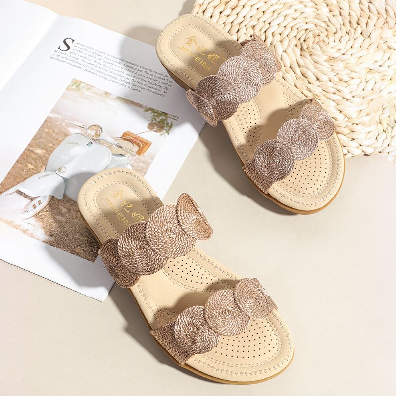 Frauen Bohemian Double Band Woven Beach Casual Wedges Sandalen