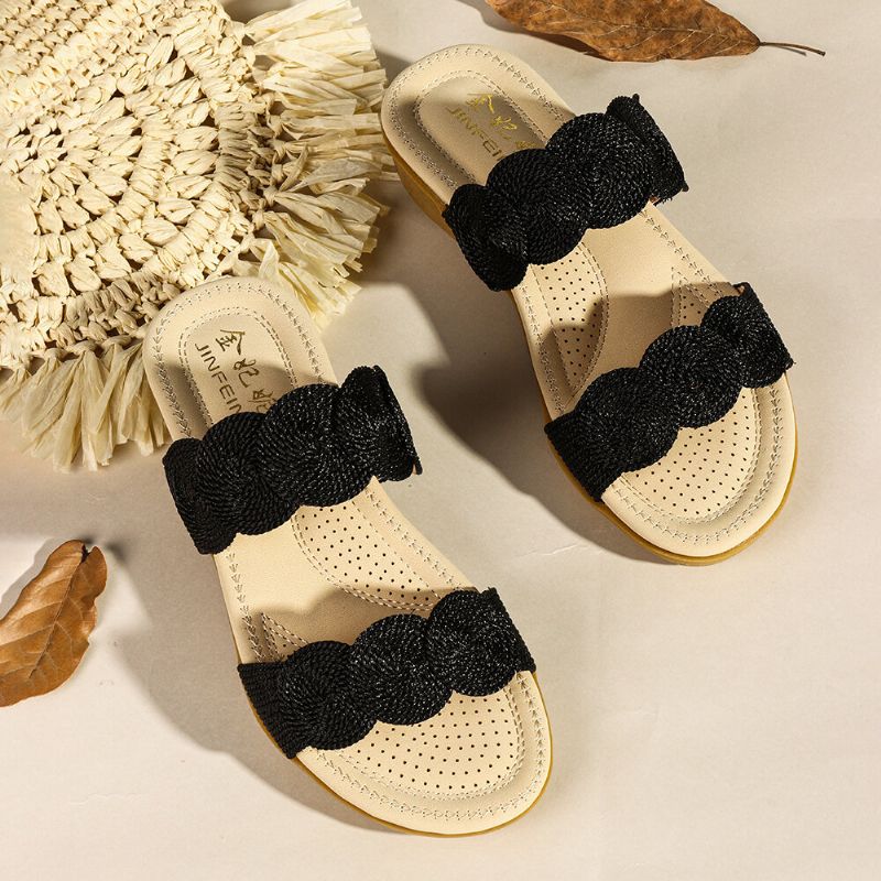 Frauen Bohemian Double Band Woven Beach Casual Wedges Sandalen