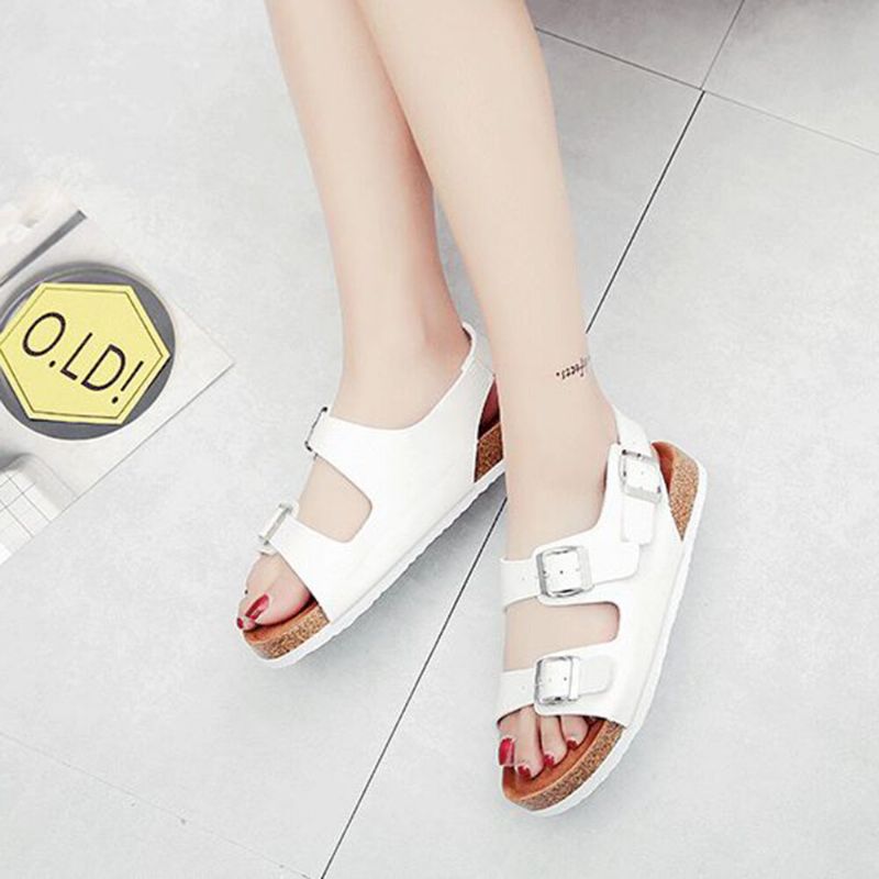 Frauen Casual Solid Color Dual Buckle Strap Slingback Beach Cork Sandalen