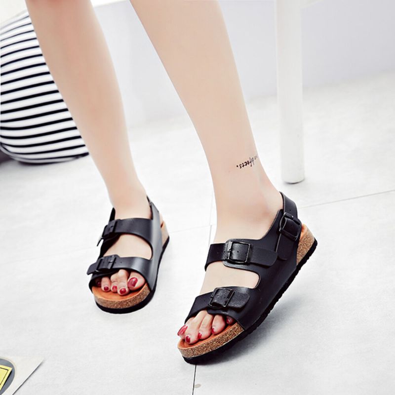 Frauen Casual Solid Color Dual Buckle Strap Slingback Beach Cork Sandalen