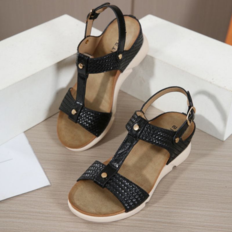 Frauen Casual Urlaub Bequeme Gewebte Design T-riemen Wedges Sandalen