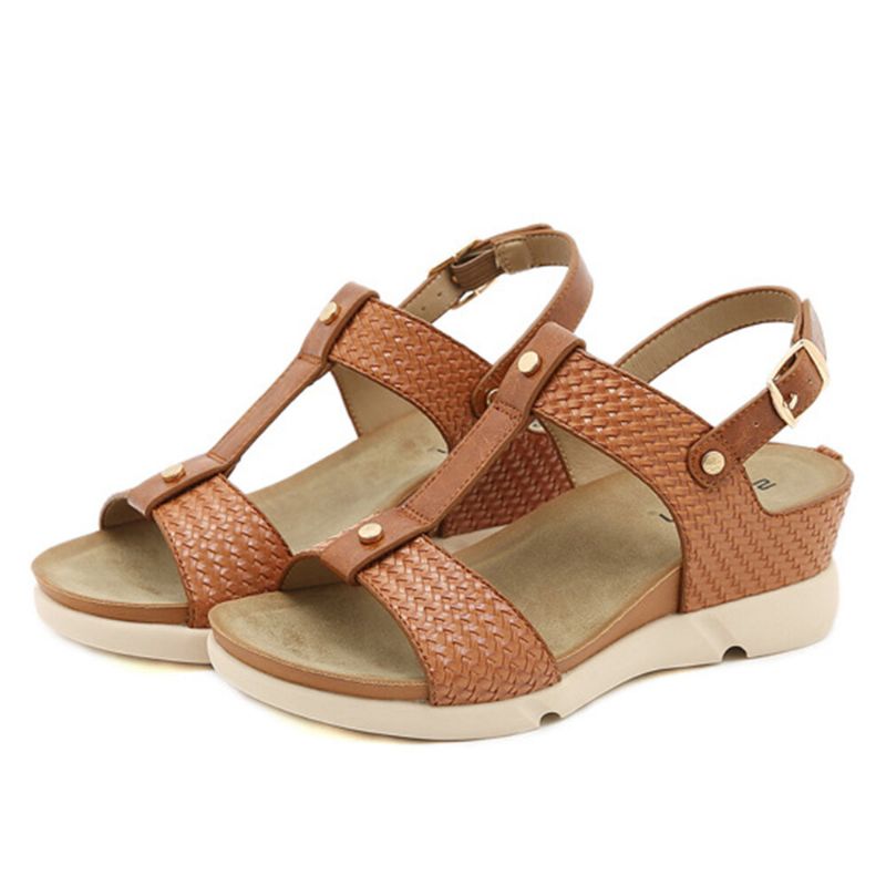 Frauen Casual Urlaub Bequeme Gewebte Design T-riemen Wedges Sandalen