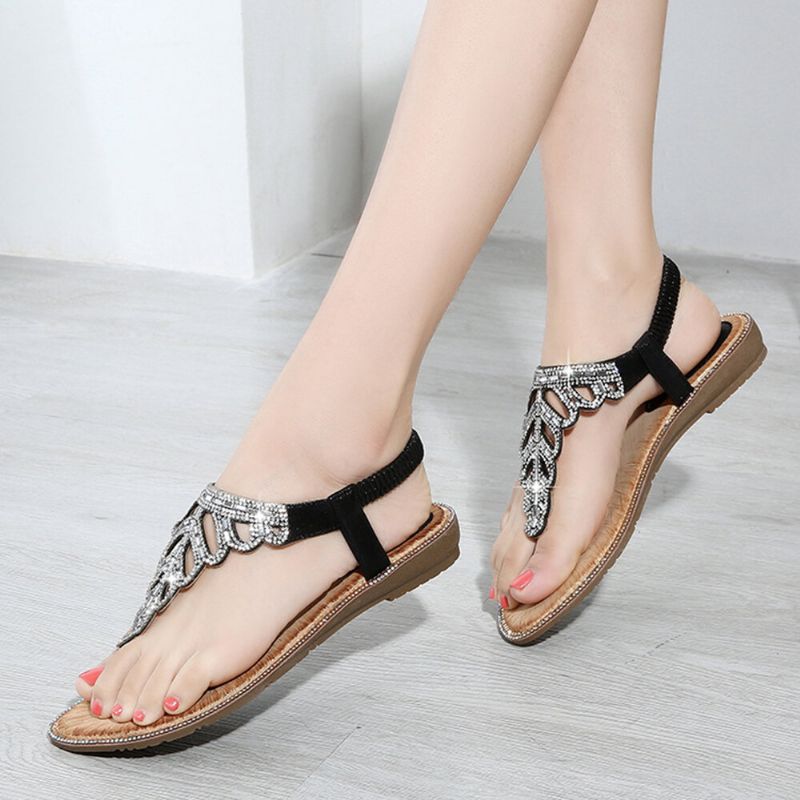 Frauen Exquisite Blatt Strass Strand Clip Toe Weiche Flache Sandalen