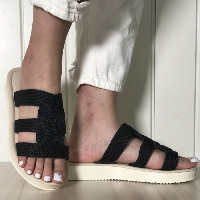 Frauen Gewebte Open Toe Slip On Bequeme Lässige Sommer Flache Sandalen