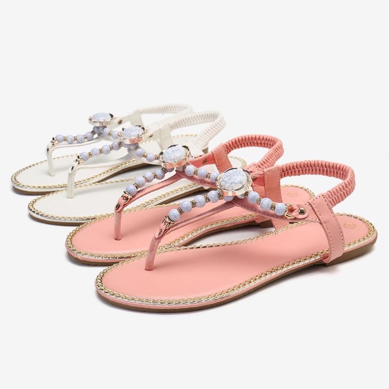 Frauen Perlendekor Elastische Flache Slip-on-strand-clip-toe-sandalen