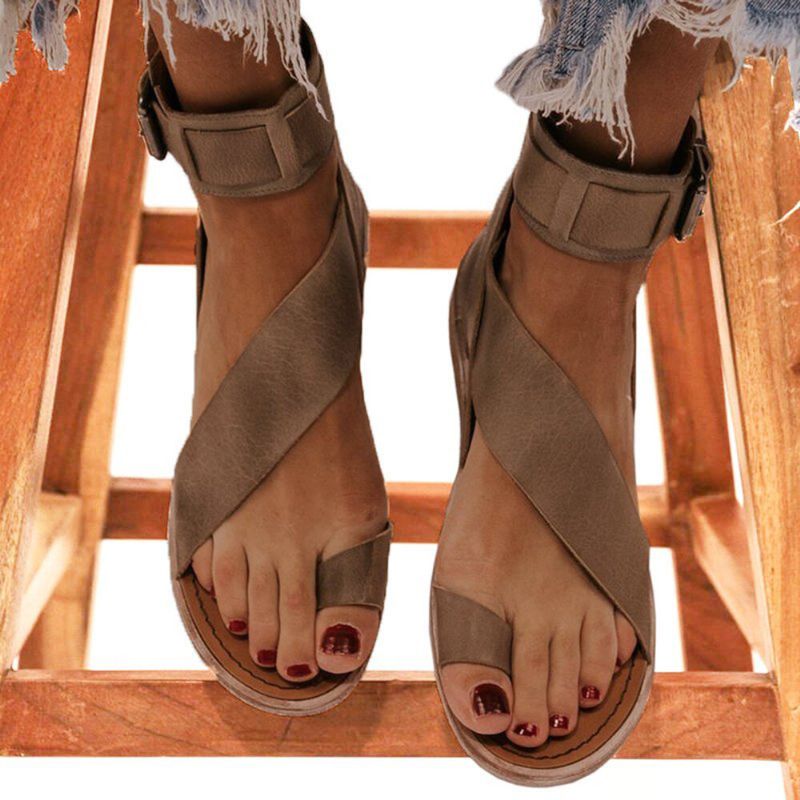 Frauen Retro Zehenring Römische Knöchelriemen Lässige Sommer Flache Sandalen