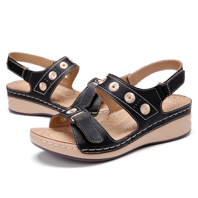 Frauen Stickerei Hook Loop Verstellbarer Riemen Open Toe Casual Daily Wedges Sandalen