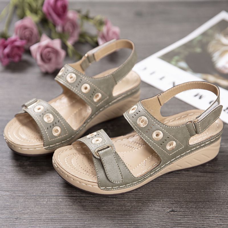 Frauen Stickerei Hook Loop Verstellbarer Riemen Open Toe Casual Daily Wedges Sandalen