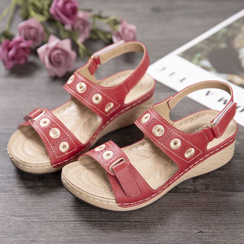 Frauen Stickerei Hook Loop Verstellbarer Riemen Open Toe Casual Daily Wedges Sandalen