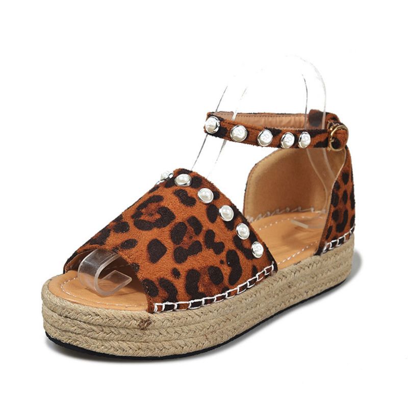 Frauen-wildleder-leopard-druck-fester Perlenstickerei-spitze-einfache Beiläufige Sandalen