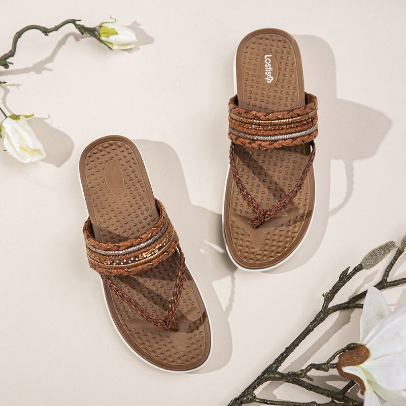 Gewebte Damen-flip-flops Mit Klippzehen Und Weicher Sohle Zum Hineinschlüpfen Flache Sandalen