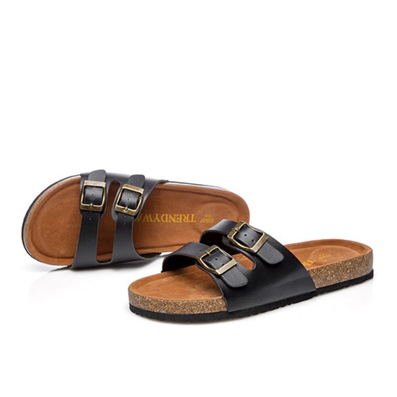 Große Damen-strand-casual-doppelschnallenriemen Weiche Flache Kork-sandalen