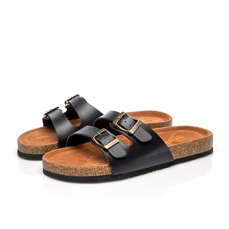 Große Damen-strand-casual-doppelschnallenriemen Weiche Flache Kork-sandalen