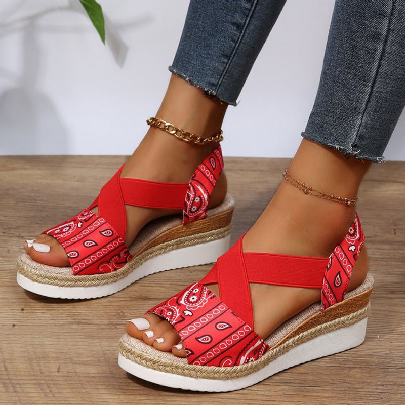 Große Größe Cross Elastic Band Retro Ethno-muster Plattform Wedges Sandalen Für Frauen