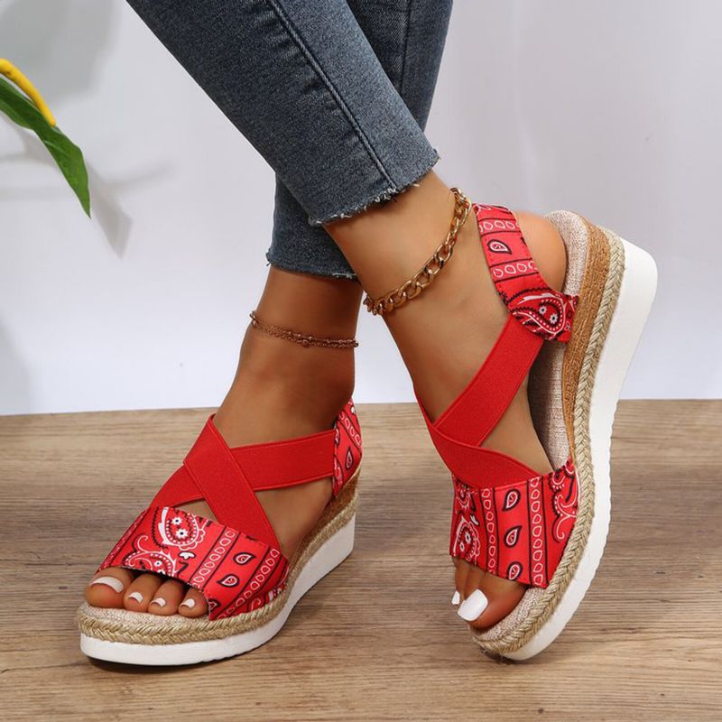 Große Größe Cross Elastic Band Retro Ethno-muster Plattform Wedges Sandalen Für Frauen