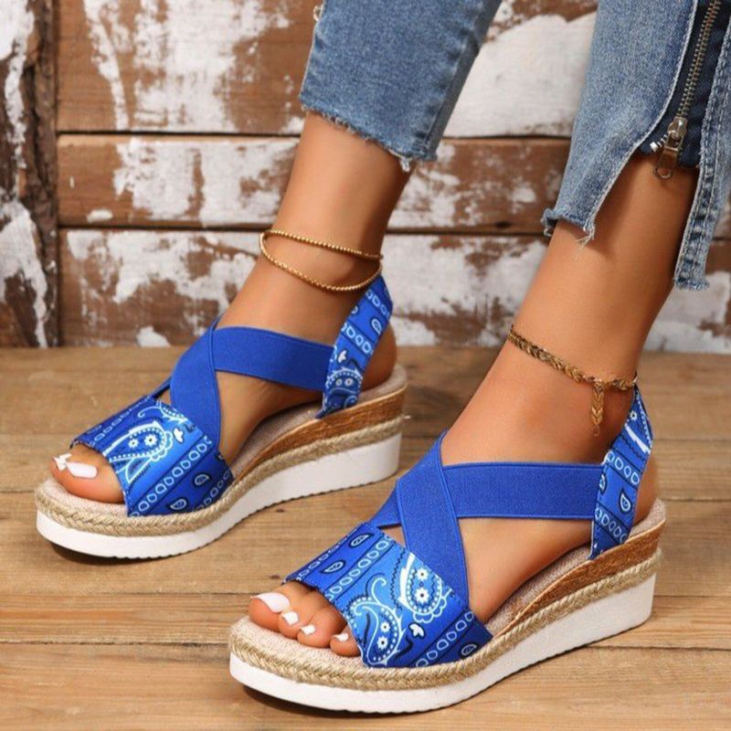 Große Größe Cross Elastic Band Retro Ethno-muster Plattform Wedges Sandalen Für Frauen