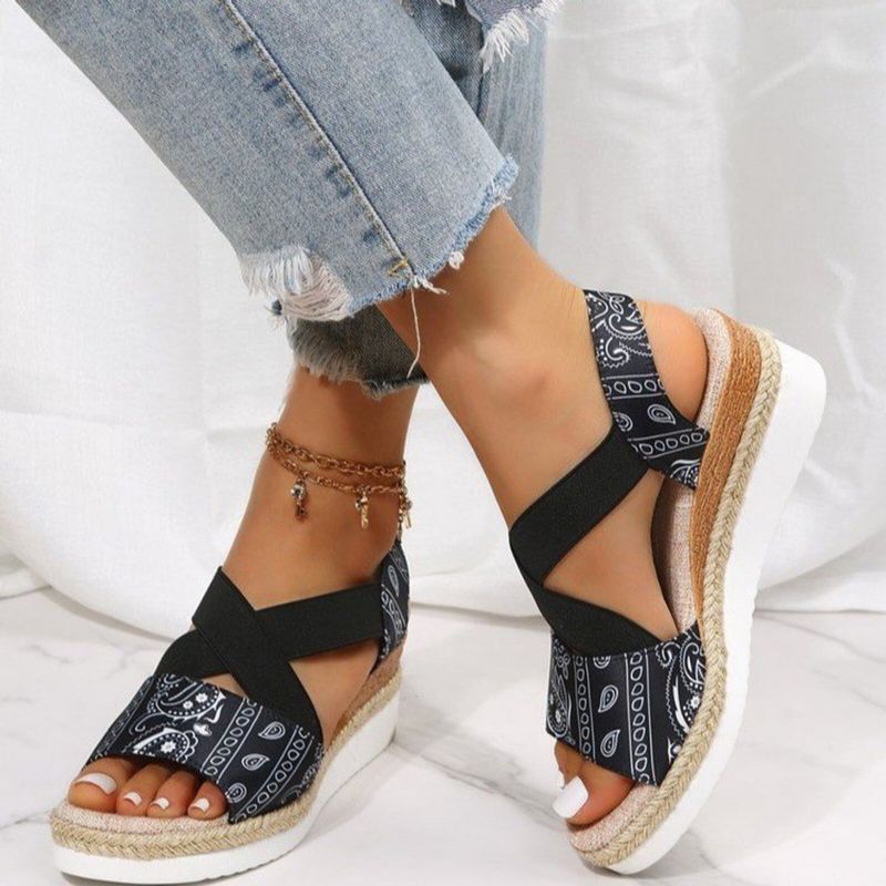 Große Größe Cross Elastic Band Retro Ethno-muster Plattform Wedges Sandalen Für Frauen