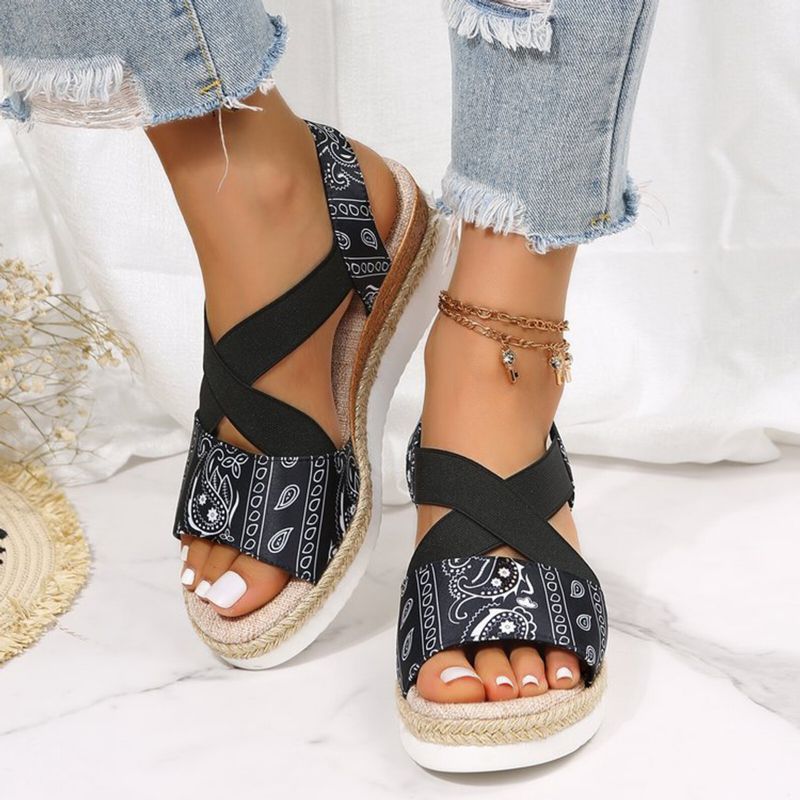 Große Größe Cross Elastic Band Retro Ethno-muster Plattform Wedges Sandalen Für Frauen