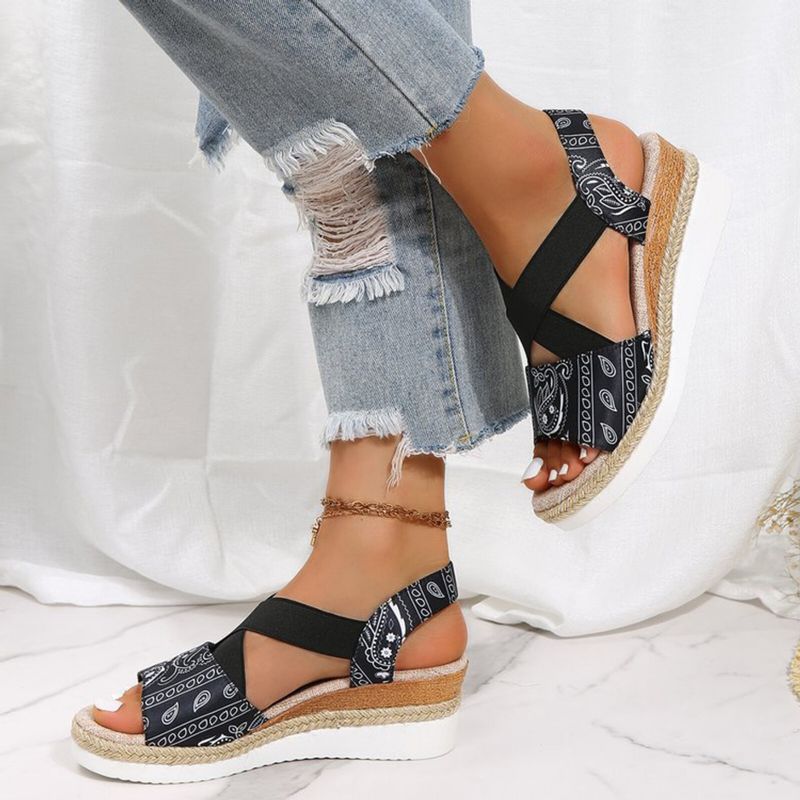 Große Größe Cross Elastic Band Retro Ethno-muster Plattform Wedges Sandalen Für Frauen