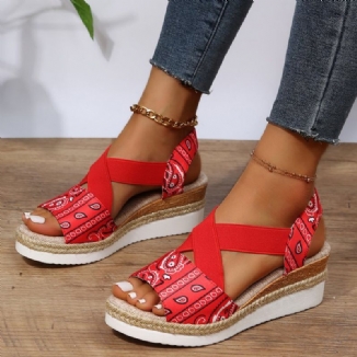 Große Größe Cross Elastic Band Retro Ethno-muster Plattform Wedges Sandalen Für Frauen