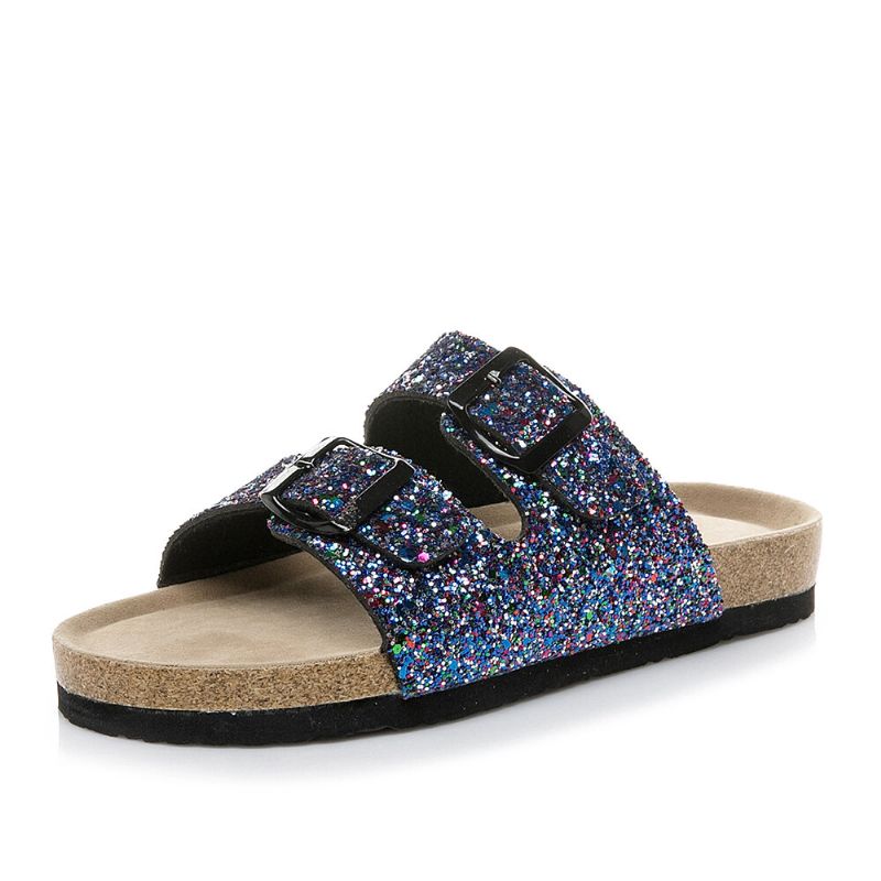 Große Legere Glitzernde Mit Zwei Riemen Und Schnallen Verzierte Flache Kork-sandalen