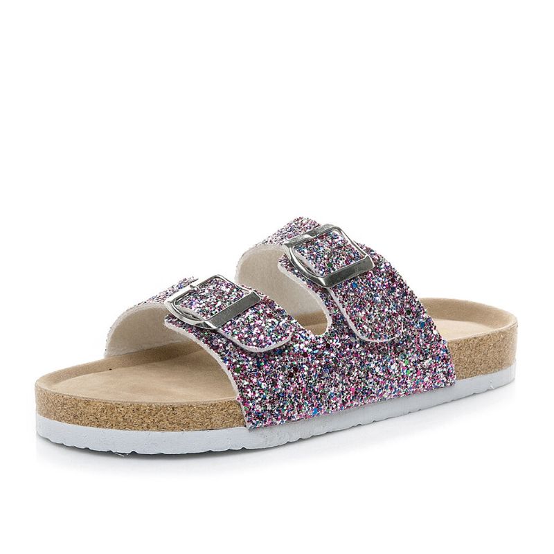 Große Legere Glitzernde Mit Zwei Riemen Und Schnallen Verzierte Flache Kork-sandalen