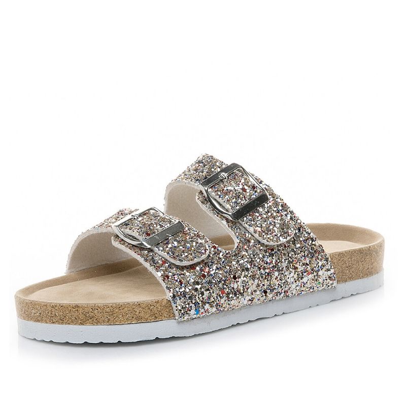 Große Legere Glitzernde Mit Zwei Riemen Und Schnallen Verzierte Flache Kork-sandalen