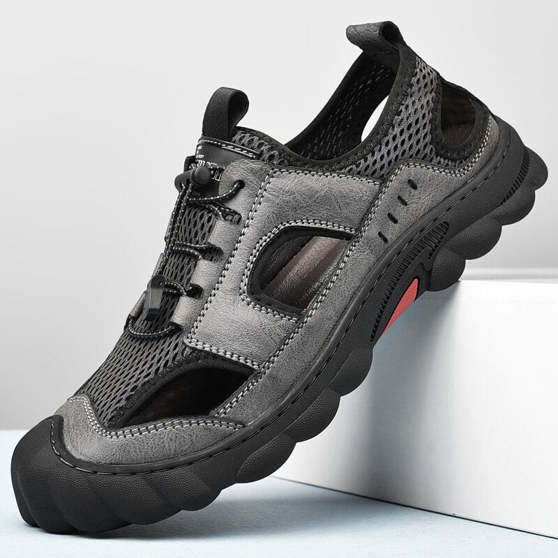 Herren Rindsleder Atmungsaktives Mesh Weich Lässige Outdoor Sandalen