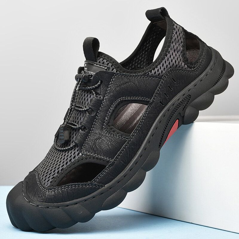 Herren Rindsleder Atmungsaktives Mesh Weich Lässige Outdoor Sandalen