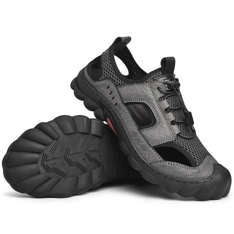 Herren Rindsleder Atmungsaktives Mesh Weich Lässige Outdoor Sandalen