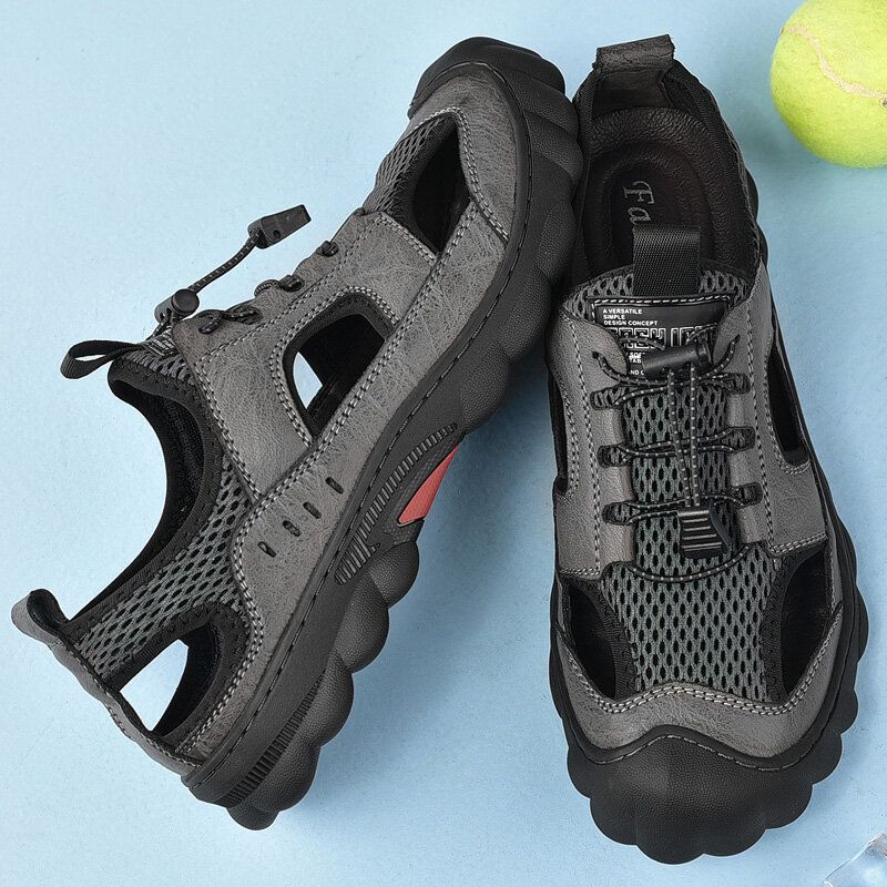 Herren Rindsleder Atmungsaktives Mesh Weich Lässige Outdoor Sandalen