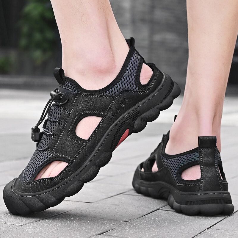 Herren Rindsleder Atmungsaktives Mesh Weich Lässige Outdoor Sandalen