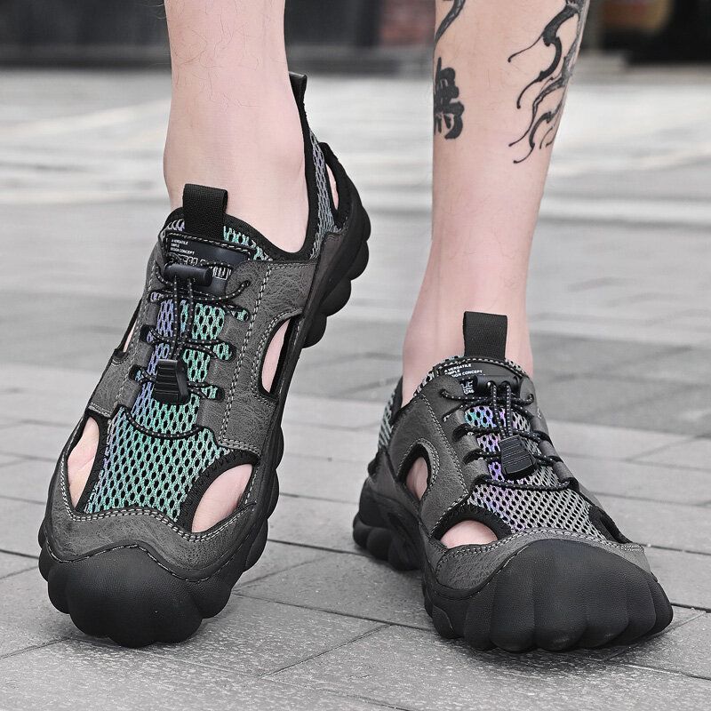 Herren Rindsleder Atmungsaktives Mesh Weich Lässige Outdoor Sandalen