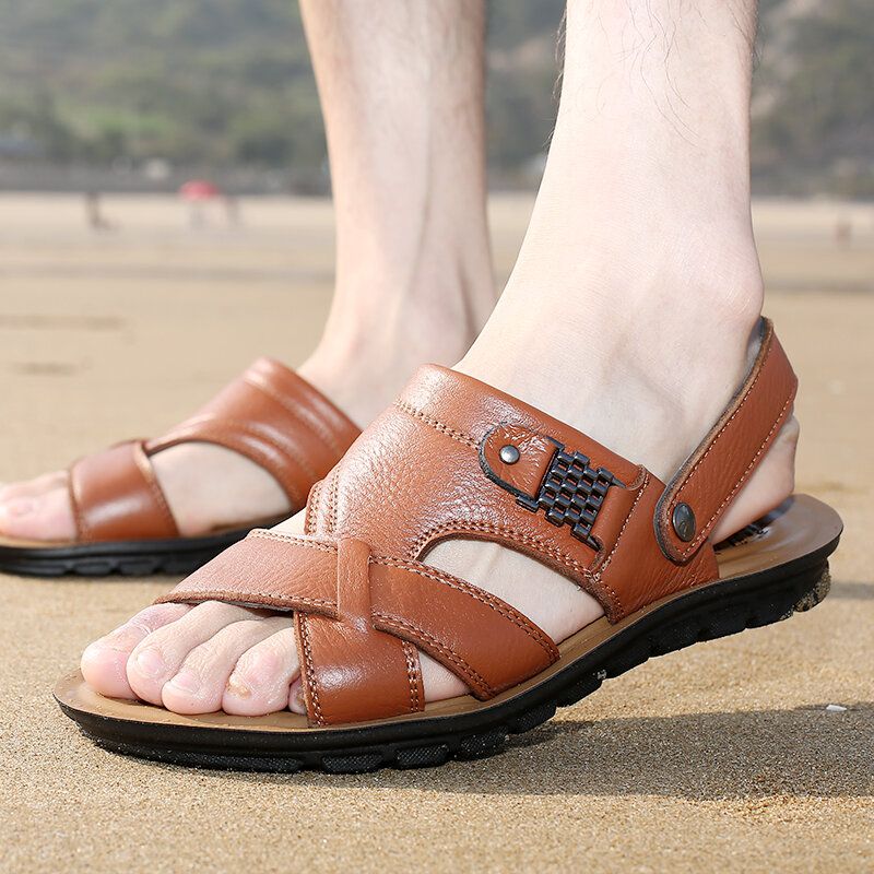 Herren-rindsleder Mit Offener Zehenpartie Rutschfest Zwei-wege-strand Lässige Outdoor-sandalen