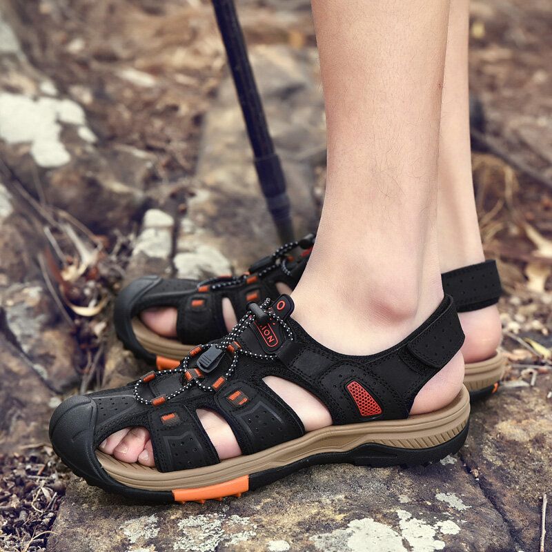 Herren-rindsleder Weicher Boden Rutschfest Geschlossene Zehen Bequeme Flache Lässige Outdoor-sandalen