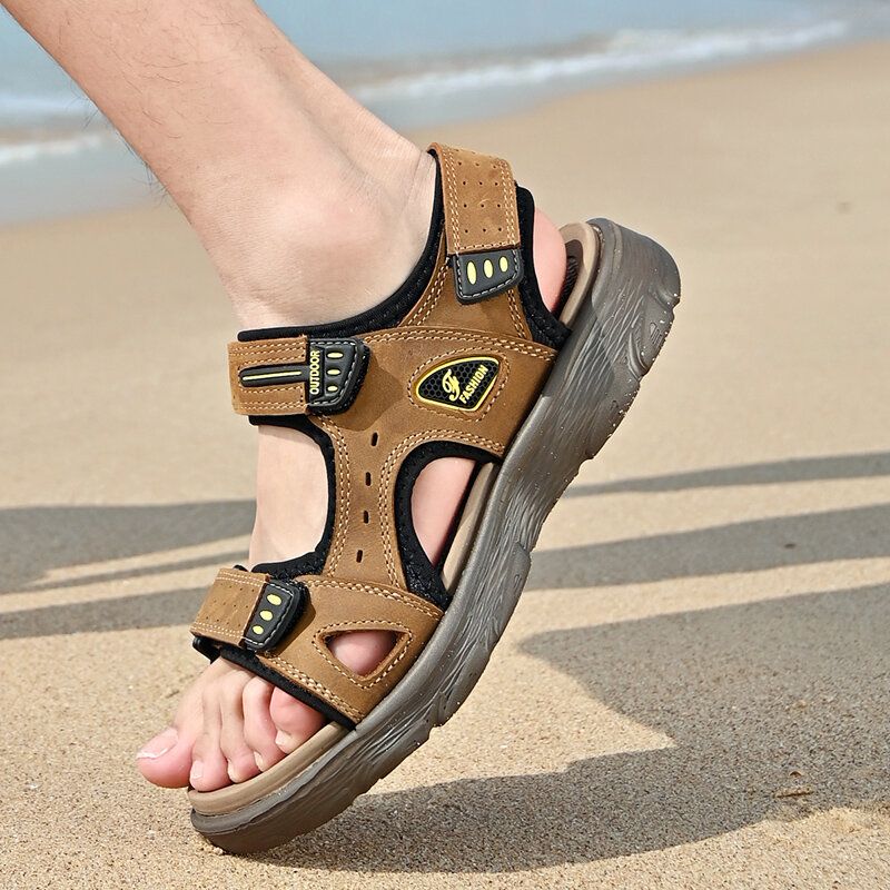 Herren-strand-pu-leder-rutschfeste Klettverschluss-sandalen Mit Offener Zehenpartie