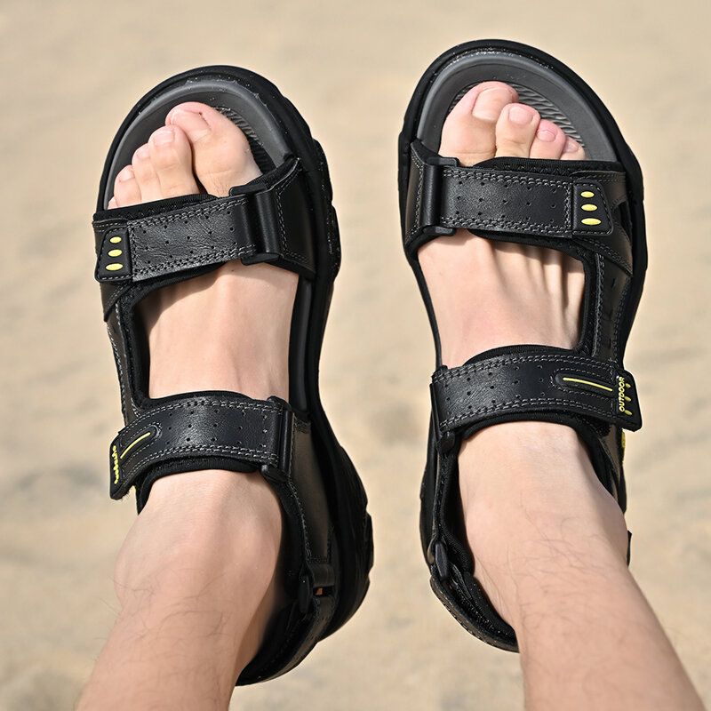 Herren-strand-pu-leder-rutschfeste Klettverschluss-sandalen Mit Offener Zehenpartie