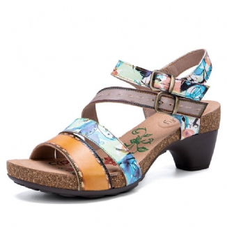 Lässige Böhmische Ethnische Blumenmuster-farbblock-sandalen Aus Echtem Leder