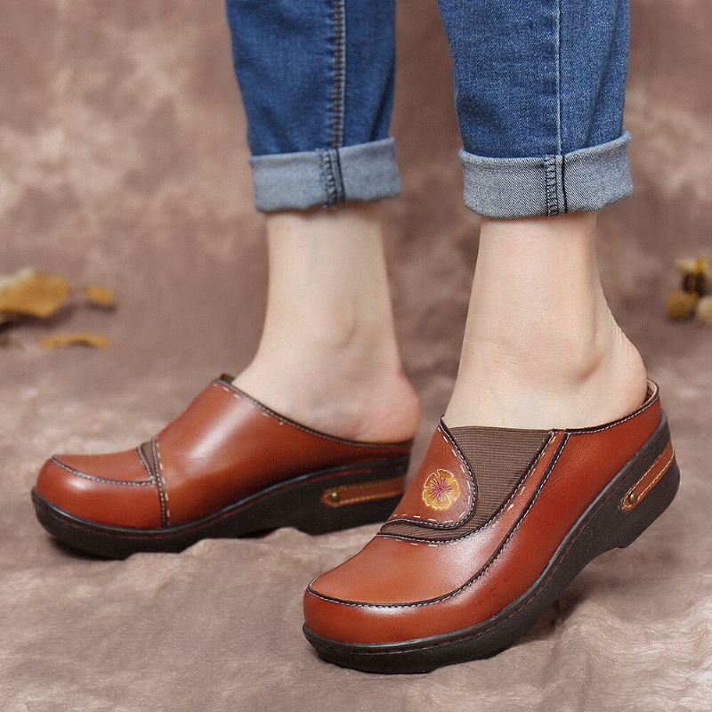 Leder-blume Elastisch Gespleißt Pantoletten Clogs Rutschfeste Keilsandalen